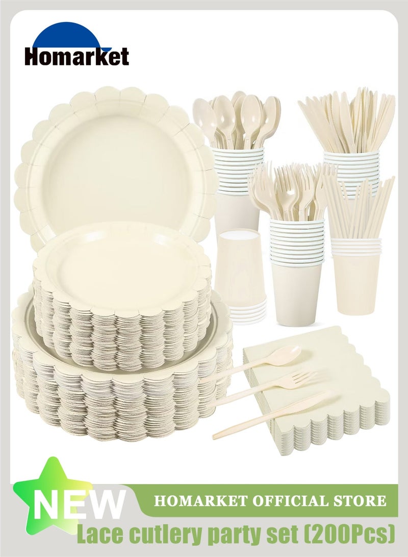 HomarKet 200 Pcs Disposable Paper Plates and Napkins,25 Guest Party Supplies Dinnerware Set Include Scalloped Paper Plates Napkin Cup Straw Plastic Spoon Fork Knive for Party,Wedding,Birthday (Beige) - Image 1
